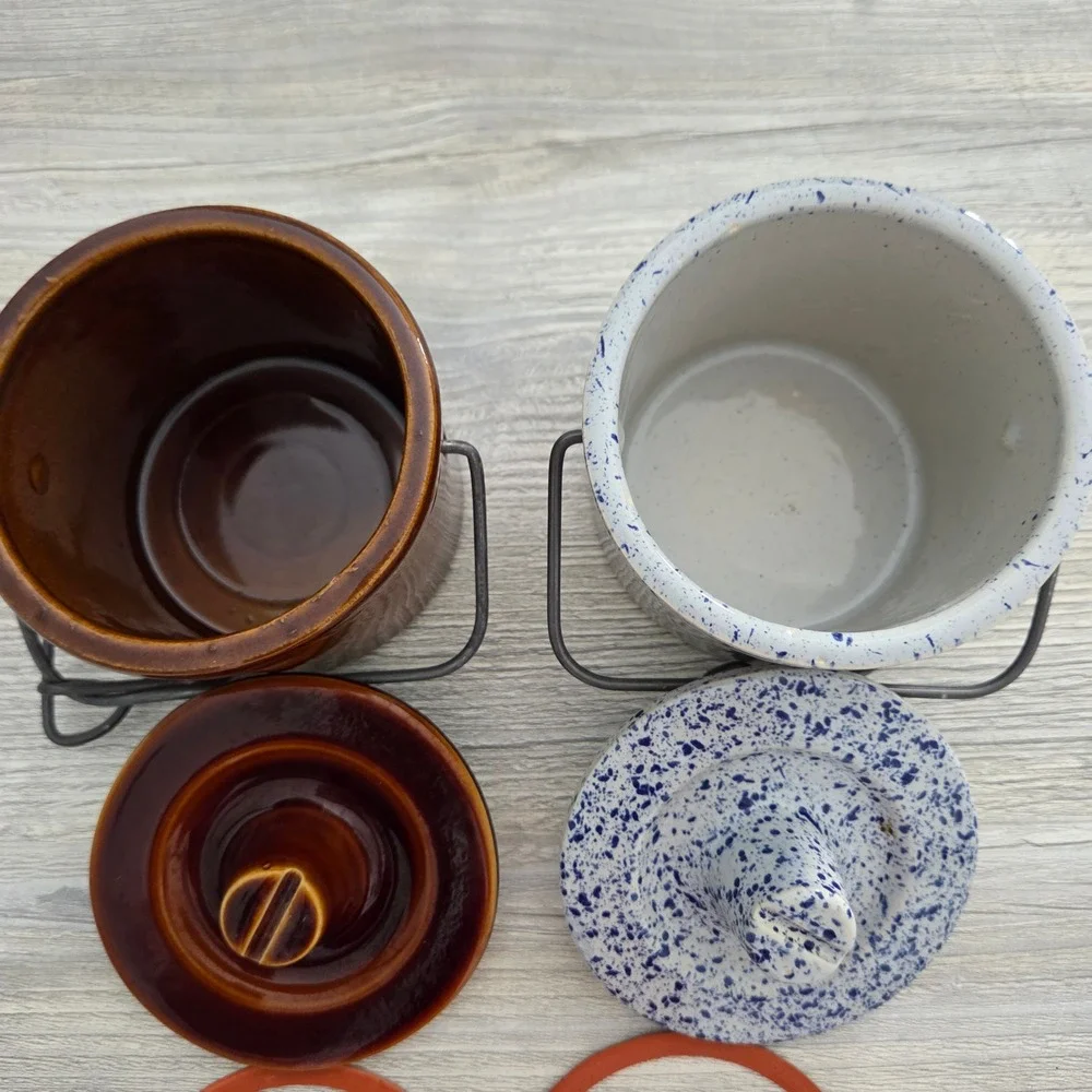 Mini Stoneware Crocks Brown and Blue Spatterware Farmhouse Set of 2